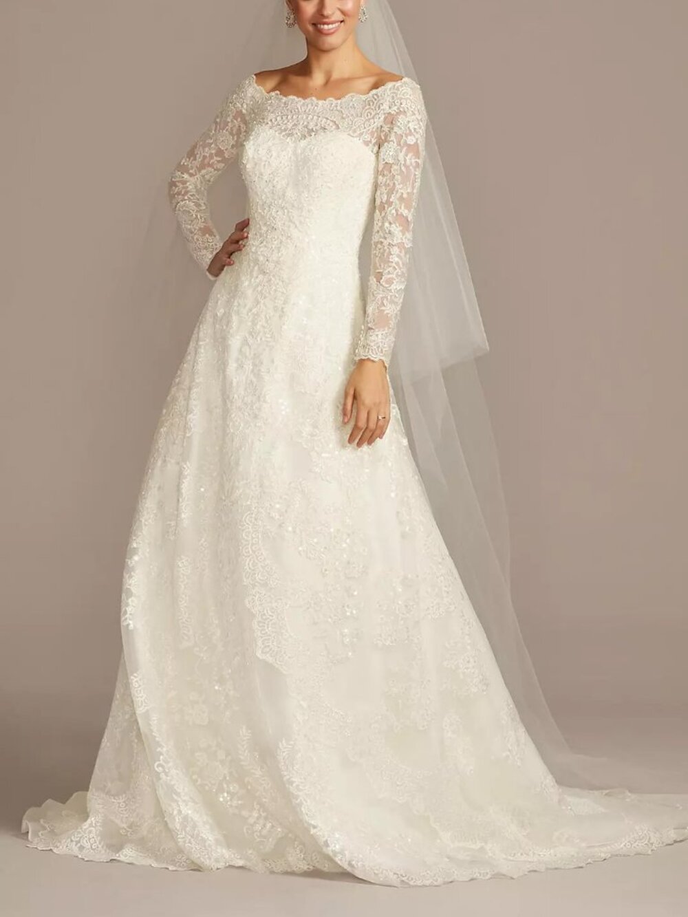 NWT Oleg Cassini Lace Off Shoulder Wedding Dress CWG765 Ivory 10
